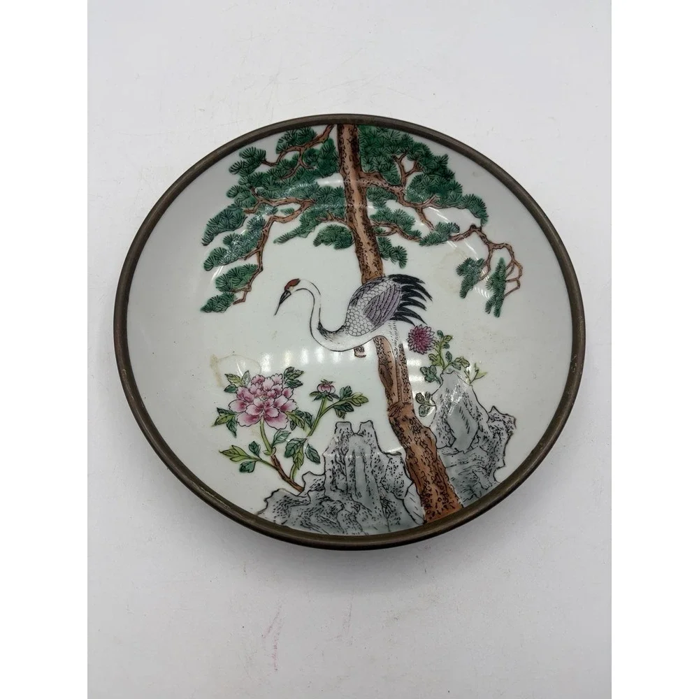 Vintage Japanese Porcelain Bowl Crane Pine Tree Landscape Brass Rim 8